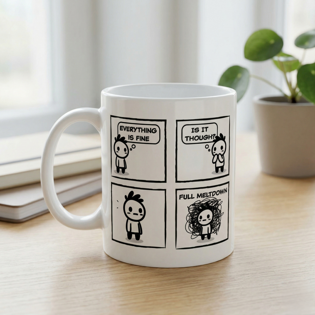 Full Meltdown Mug, Funny Anxiety Comic Ceramic Mug (325ml, 11oz)